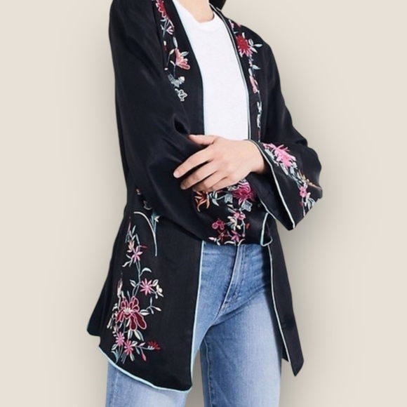 Free People | Satin Embroidered Flower Kimono | Small | Black - Picture 11 of 11